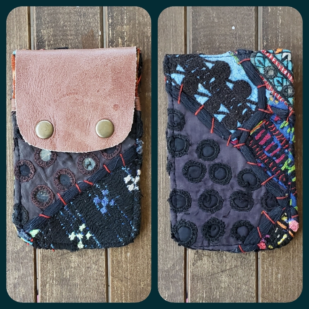 🧠🍳 Free People Boho Embroidered Repurposed vtg banjara hippie Wallet card case